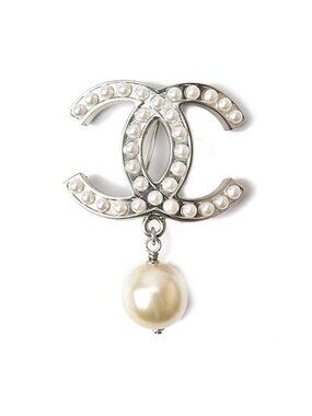 Chanel Brooch Pin Coco Mark Rhinestone Pearl Silver